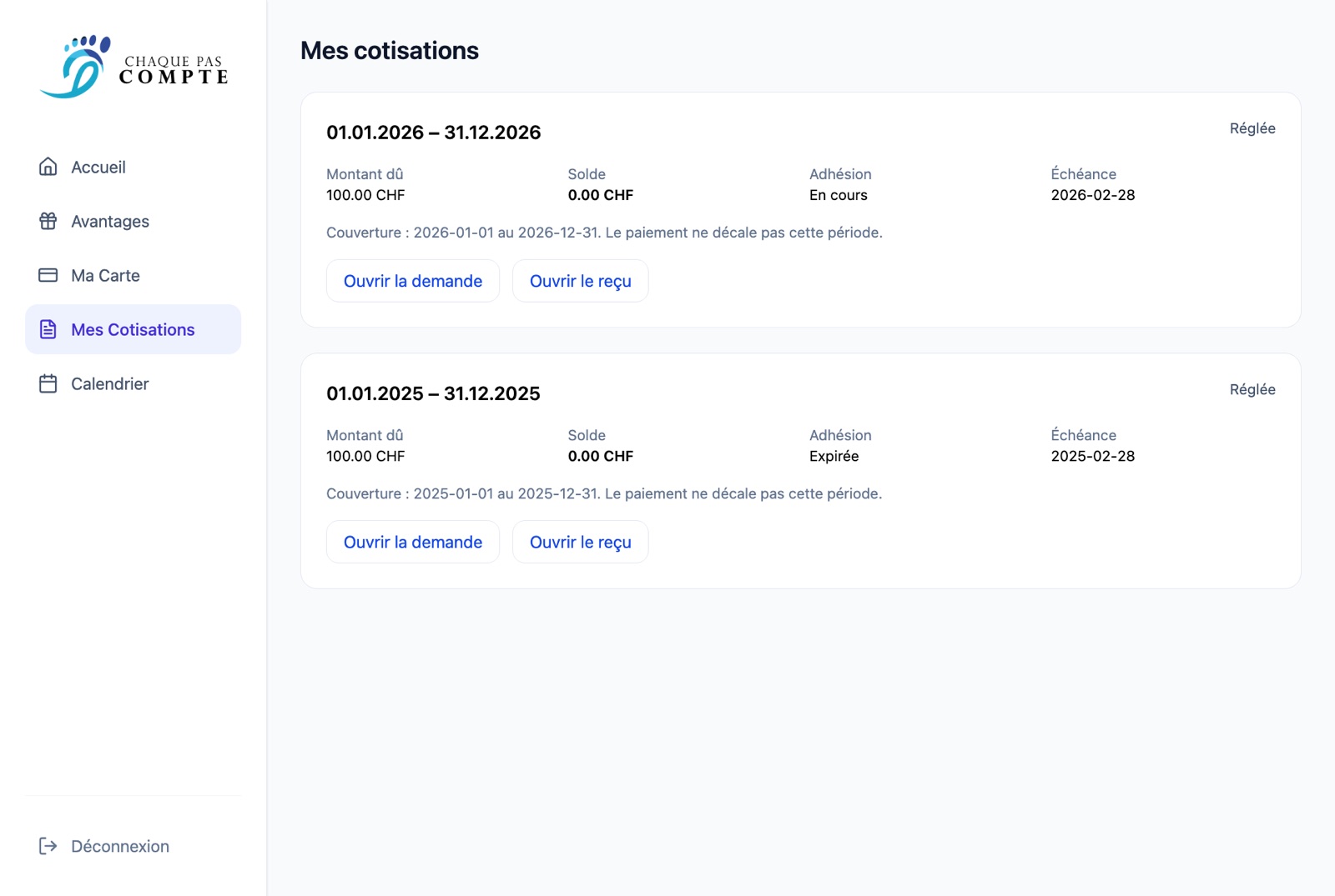 Liste des cotisations avec les boutons pour ouvrir la demande et le reçu